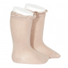 Chaussettes hautes unies avec dentelle sur bordure VIEUX ROSE