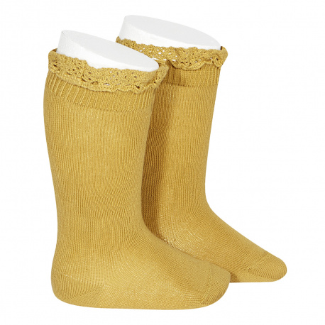 Chaussettes hautes unies avec dentelle sur bordure MOUTARDE