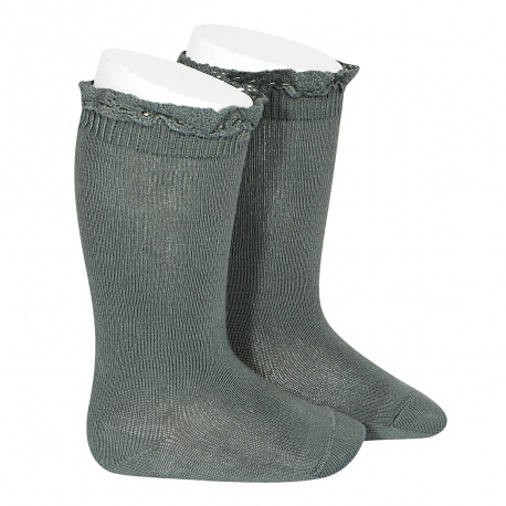 Chaussettes hautes unies avec dentelle sur bordure VERT LICHEN