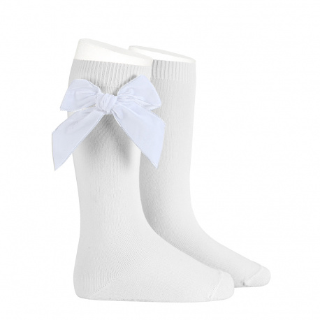 Chaussettes hautes avec noeud latéral velours BLANC