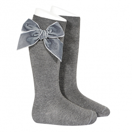 Side velvet bow knee-high socks LIGHT GREY