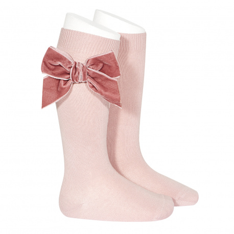 Side velvet bow knee-high socks PALE PINK