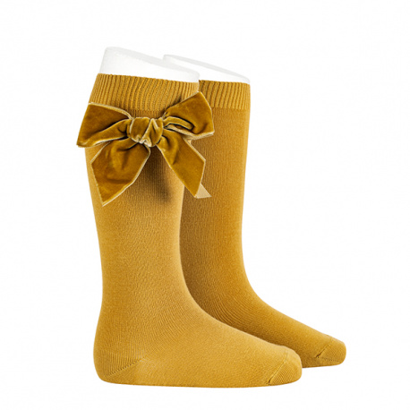 Side velvet bow knee-high socks MUSTARD