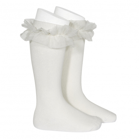 Calze lunghe a maglia rasata con tulle arricciato PANNA