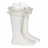 Calze lunghe a maglia rasata con tulle arricciato PANNA