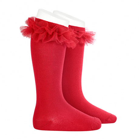 Chaussettes hautes avec tulle froncé ROUGE