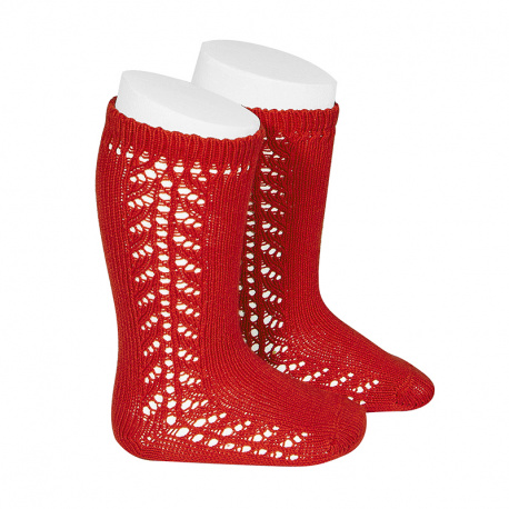 Side openwork knee-high warm-cotton socks RED