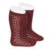 Side openwork knee-high warm-cotton socks BURGUNDY