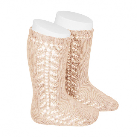 Side openwork knee-high warm-cotton socks NUDE