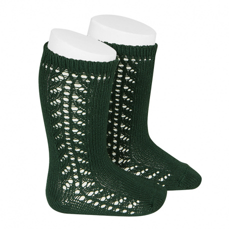 Side openwork knee-high warm-cotton socks BOTTLE GREEN