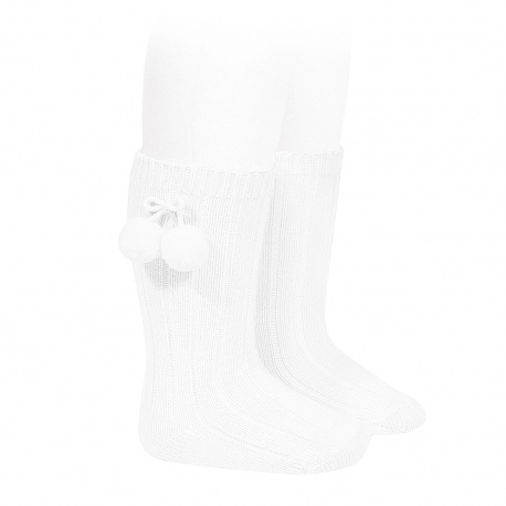 Chaussettes hautes coton chaud cotelé pompon BLANC