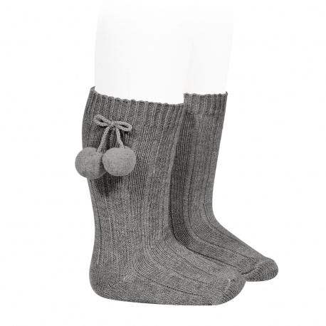 Chaussettes hautes coton chaud cotelé pompon GRIS CLAIR