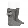 Chaussettes hautes coton chaud cotelé pompon GRIS CLAIR