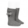 Warm cotton rib knee-high socks with pompoms LIGHT GREY