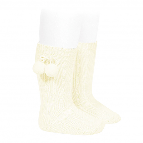 Warm cotton rib knee-high socks with pompoms BEIGE