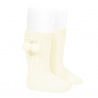 Warm cotton rib knee-high socks with pompoms BEIGE