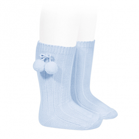 Calcetines altos canalé algodón cálido borlas AZUL BEBE