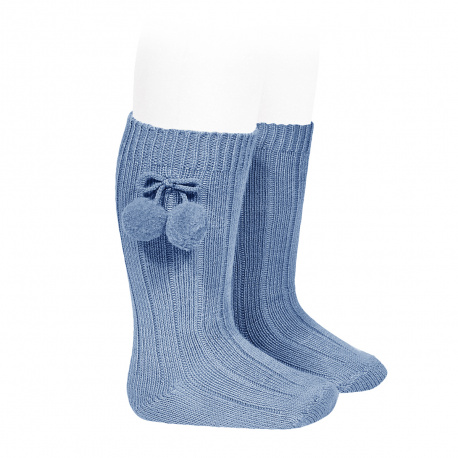 Warm cotton rib knee-high socks with pompoms FRENCH BLUE