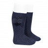 Chaussettes hautes coton chaud cotelé pompon BLEU MARINE