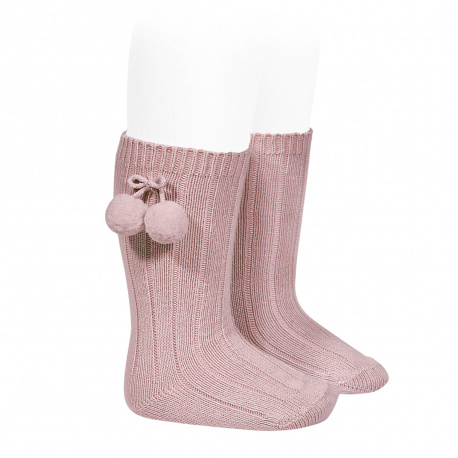 Chaussettes hautes coton chaud cotelé pompon PALE ROSE