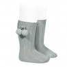 Chaussettes hautes coton chaud cotelé pompon VERT SEC