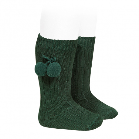 Warm cotton rib knee-high socks with pompoms BOTTLE GREEN