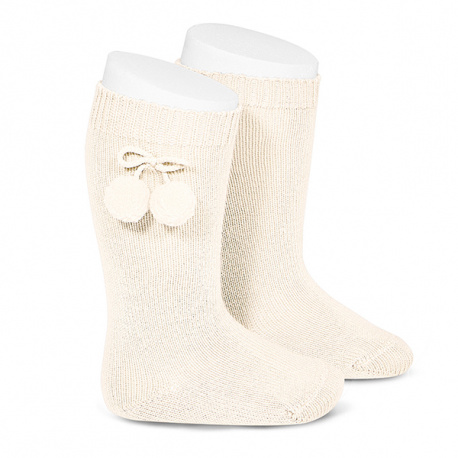 Chaussettes hautes coton chaud avec pompoms ECRU