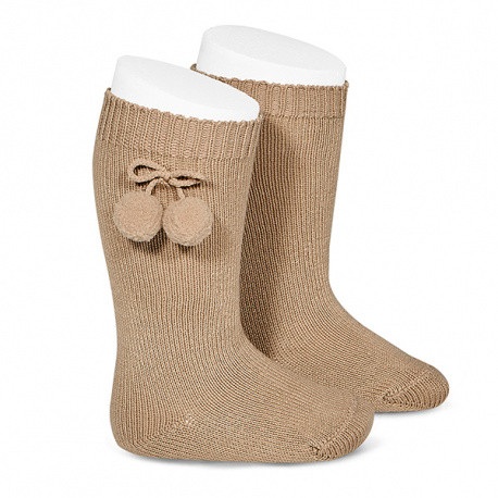 Chaussettes hautes coton chaud avec pompoms CAMEL