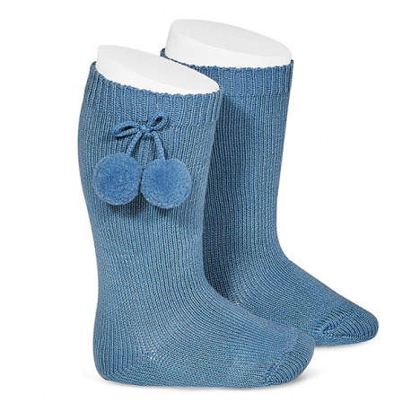 Chaussettes hautes coton chaud avec pompoms BLEU FRANCE