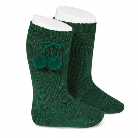 Chaussettes hautes coton chaud avec pompoms VERT BOUTEILLE