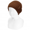 Merino wool-blend fold-over ribbed beanie CHOCOLATE