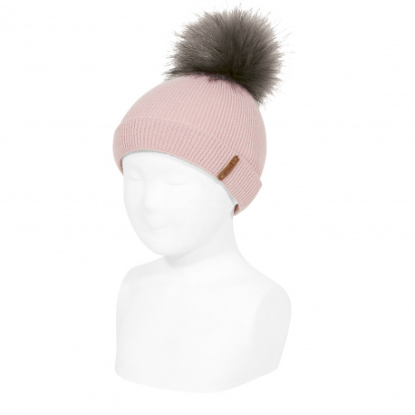 Rib beanie with faux fur pompom PALE PINK