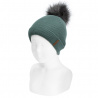 Rib beanie with faux fur pompom LICHEN GREEN