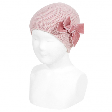 Bonnet tricot noeud grand velours PALE ROSE