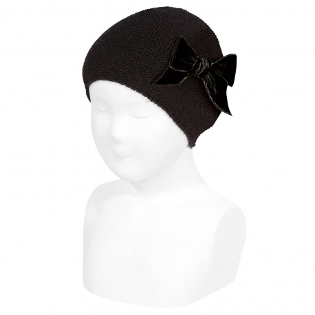 Bonnet tricot noeud grand velours NOIR