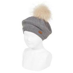 Garter stitch beret with faux fur pompom LIGHT GREY