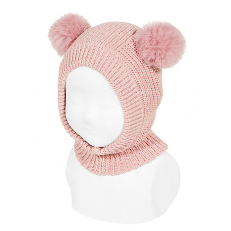 Balaclava with faux fur pompoms PALE PINK