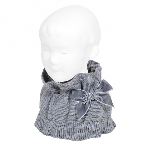 Garter stitch snood scarf with big velvet bow LIGHT GREY