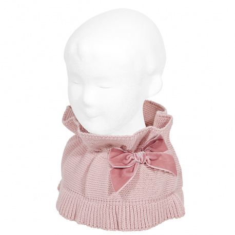 Garter stitch snood scarf with big velvet bow PALE PINK