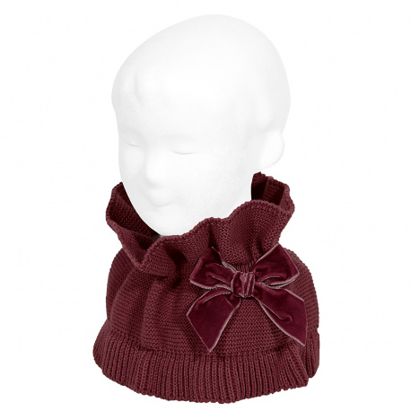 Garter stitch snood scarf with big velvet bow GARNET