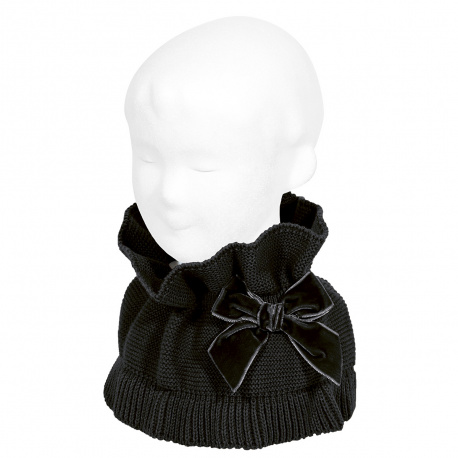 Garter stitch snood scarf with big velvet bow BLACK