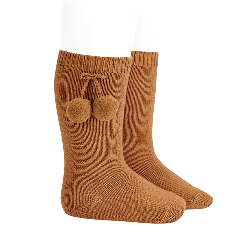 Warm cotton kneehigh socks with pompoms CINNAMON Condor