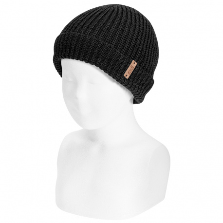 English stitch fold-over knit hat BLACK