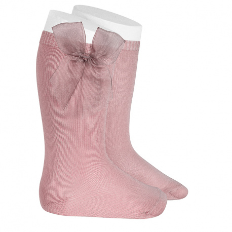 Chaussettes hautes unies avec noeud organza PALE ROSE