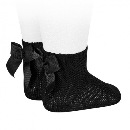 Garter stitch short socks with bow BLACK