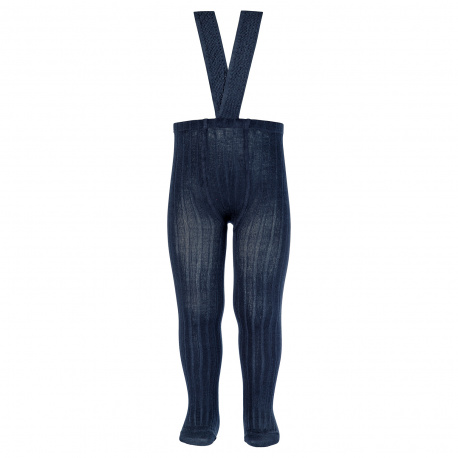 Rib tights with elastic suspenders NAVY BLUE