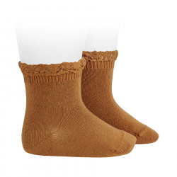 Short socks with lace edging cuff TOFFEE