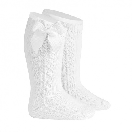 Side openwork warm cotton knee socks with bow WHITE