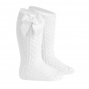 Side openwork warm cotton knee socks with bow WHITE