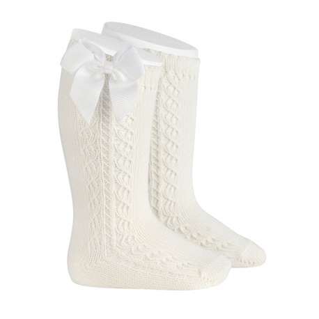 Side openwork warm cotton knee socks with bow CREAM